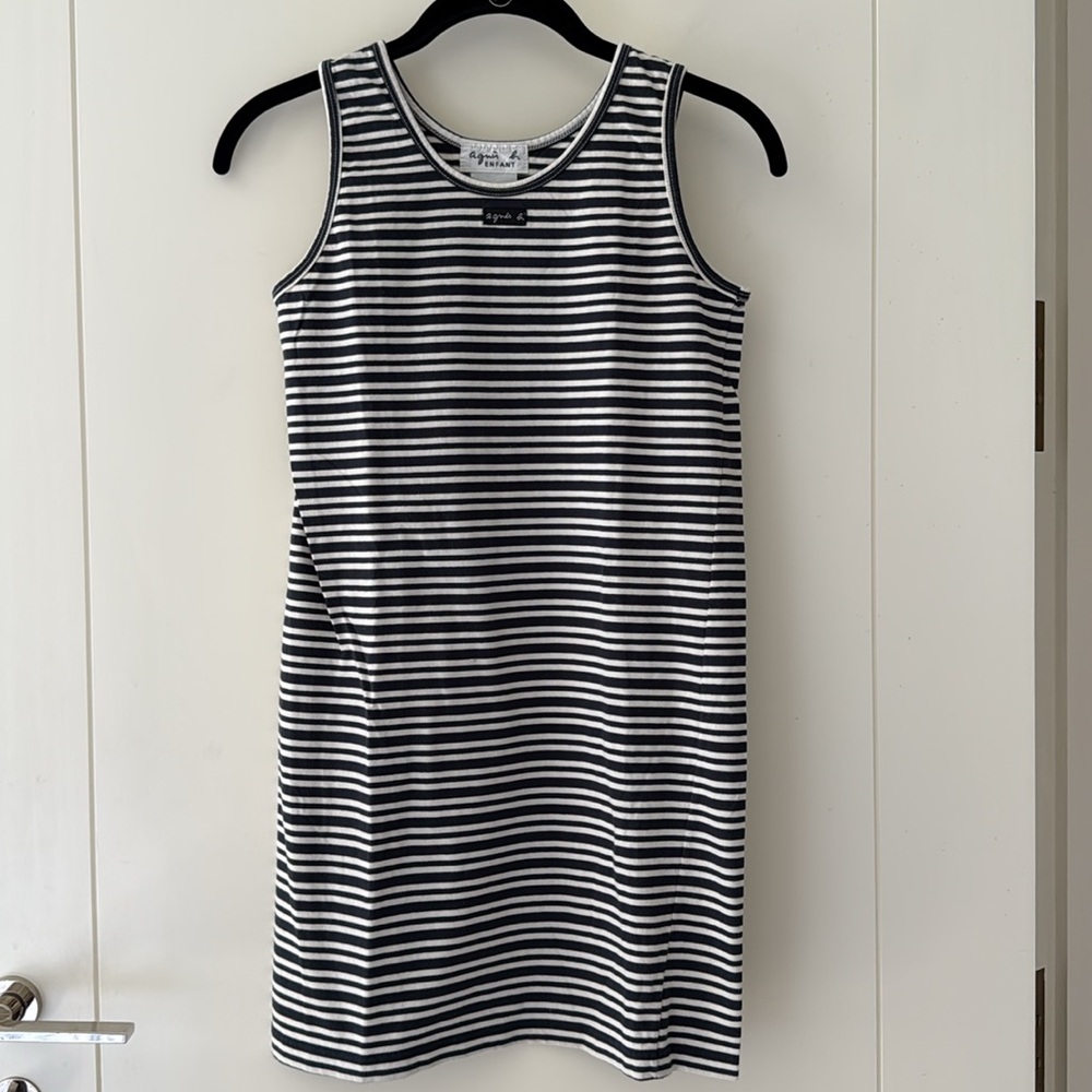 Vintage Agnes B. Enfant Girls Navy White Striped Cotton Tee Shirt Tank Dress 12